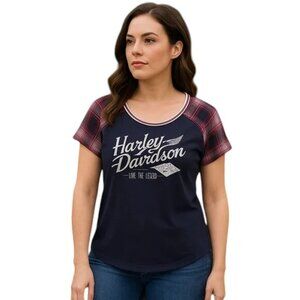 Harley-Davidson Live the Legend Biker Moto Tee | Graphic Plaid Raglan | Medium